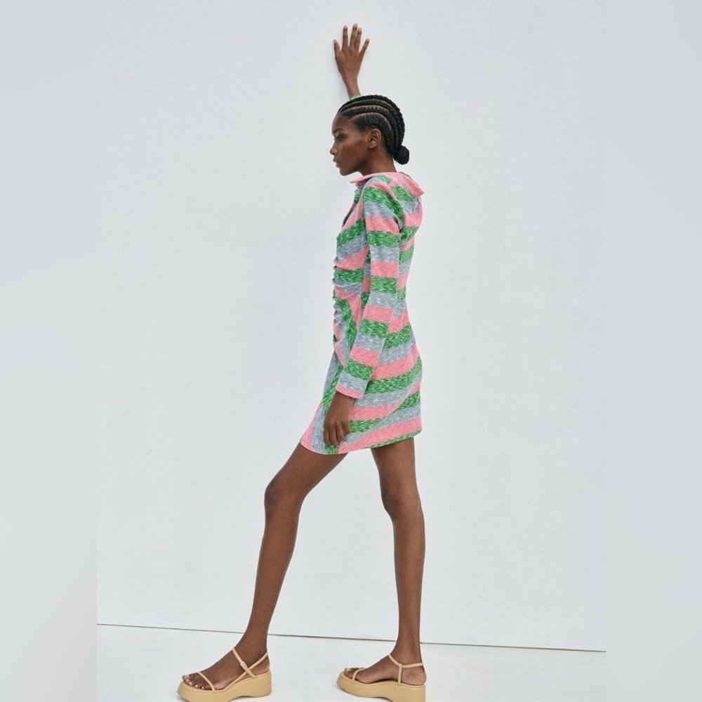 Zara Striped Ruched Dress Pink & Green Large